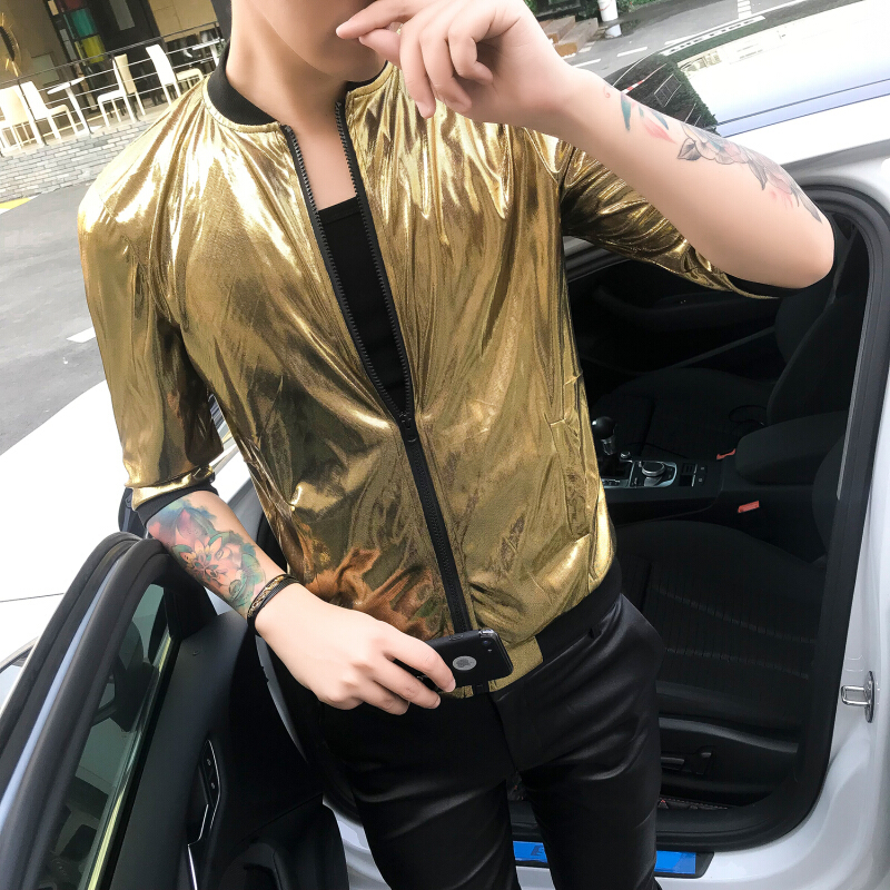 嘻哈潮流男歌J演出PU烫金银克亮外