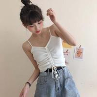 大码女装显瘦抽绳吊带小背心夏季韩版200斤胖mm外穿无袖上衣学生 白色 均码[80-115斤]