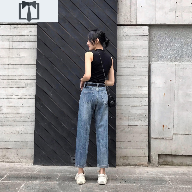 suntek小个子直筒牛仔裤女新款宽松高腰显瘦百搭复古九分垂感阔腿150