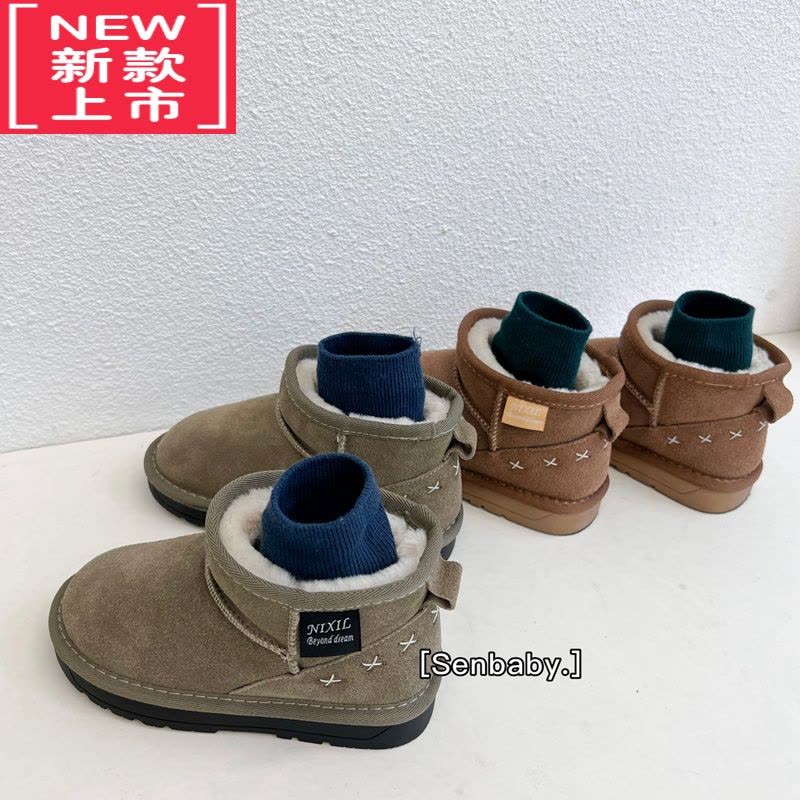 可莉允senbaby童鞋女童单靴百搭加厚靴子儿童鹿皮绒套脚保暖雪地靴短靴图片