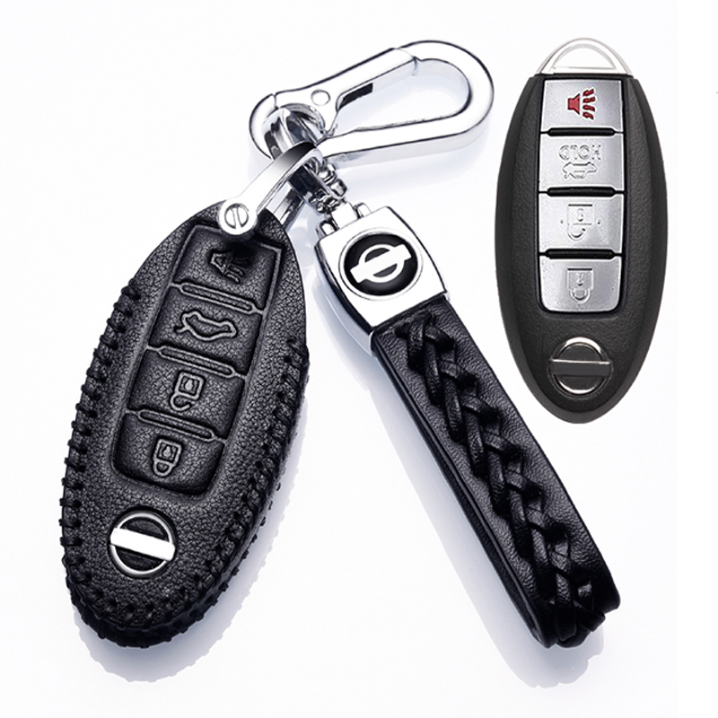 【补贴10%】奇骏钥匙套2020款天籁轩逸楼兰车用真皮高档19款逍客钥匙包扣蓝鸟汽车钥匙包 日产C款黑色+绳扣（智能四键）