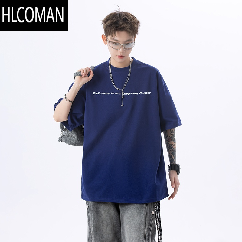 HLCOMAN短袖T恤男夏季潮牌小领口宽松百搭体恤衫简约百搭五分袖