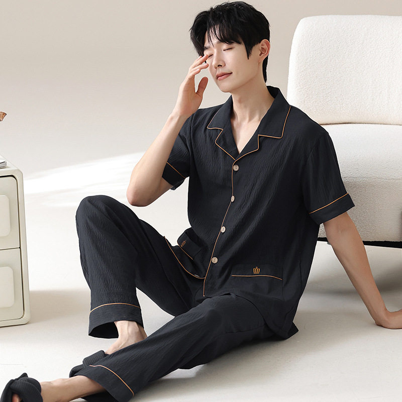 2026新款睡衣男士夏季短袖长裤翻领云朵棉开衫套装青少年家居服高清大图
