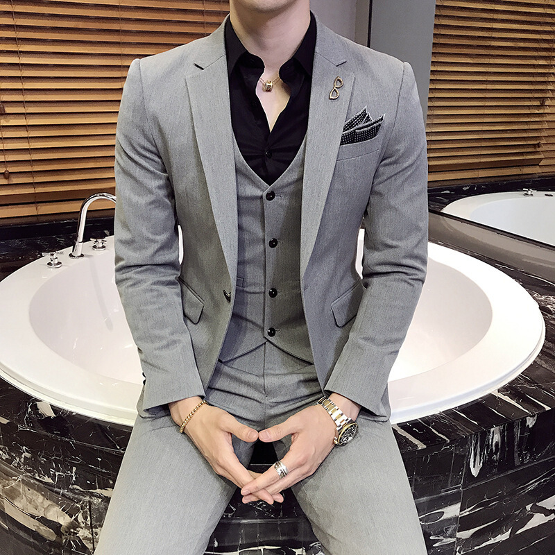 西服套装男士夏季三件套韩版修身弹力正装休闲小西装新郎结婚礼服