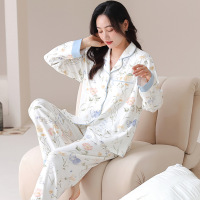 春秋季新款长袖开衫家居服棉质睡衣女款休闲宽松翻领两件套可外穿 女M E8905