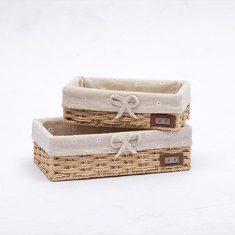 家柏饰(CORATED)奇鲁编收纳筐藤编篮布艺桌面收纳盒编织框钥匙收纳篮零食收纳盒 米色+雏菊布大小一套
