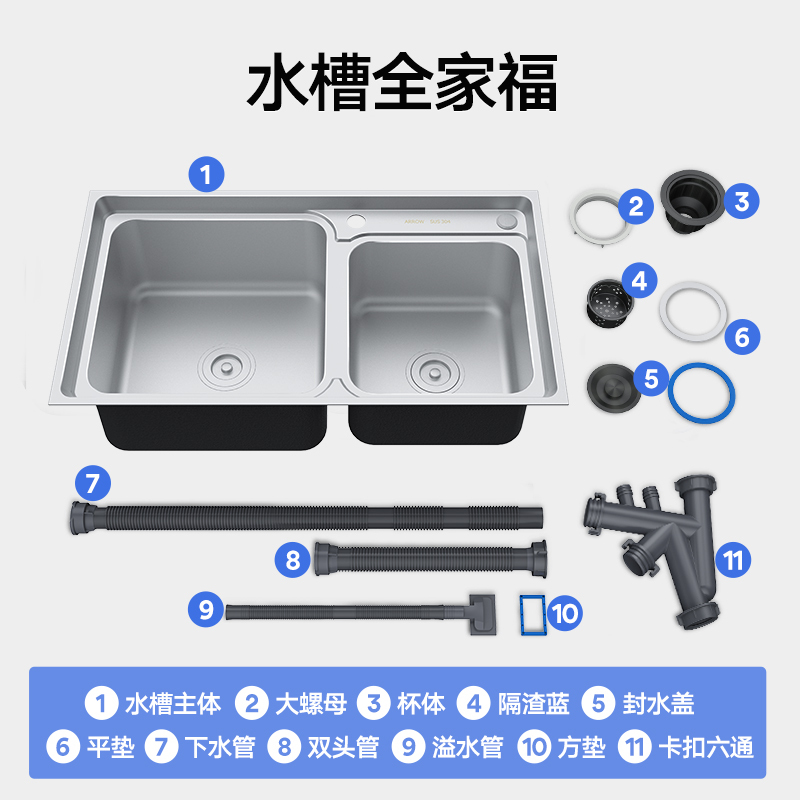 箭牌卫浴(ARROW)厨盆水槽 厨房洗菜盆洗碗水池 304不锈钢水槽双槽套装 厨盆加厚拉丝不锈钢水槽AE5580134G