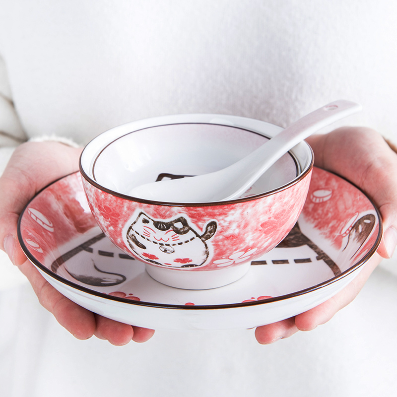雅诚德 招财猫吃饭碗釉下彩家用餐具套装 创意瓷碗组合碗碟面碗 发财猫4件套 6吋 深蓝色装