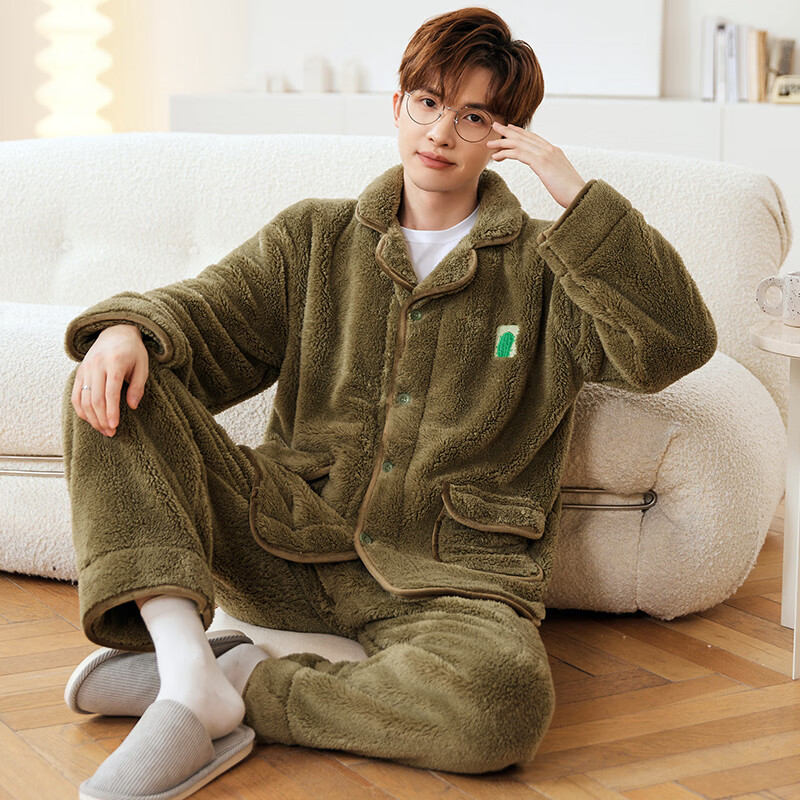 浪莎睡衣男士珊瑚绒秋冬季加绒加厚开衫翻领家居服可外穿简约两件套装