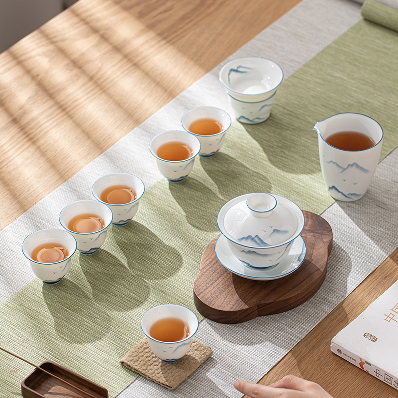 苏氏陶瓷(SUSHI CERAMICS)手绘画江山羊脂玉瓷盖碗套组非遗老师苏爱珍作品