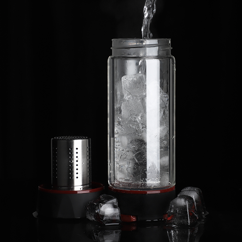 美帮汇双层玻璃茶杯男士大容量茶叶过滤茶水分离泡茶杯透明女便携水杯子 蓝色320ML+杯刷高清大图