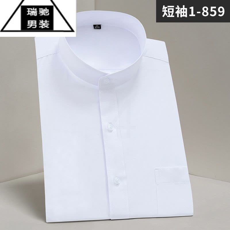 希杰狮王中华立领衬衫男短袖白色商务正装加大中国风中山装圆领半袖衬衣男图片