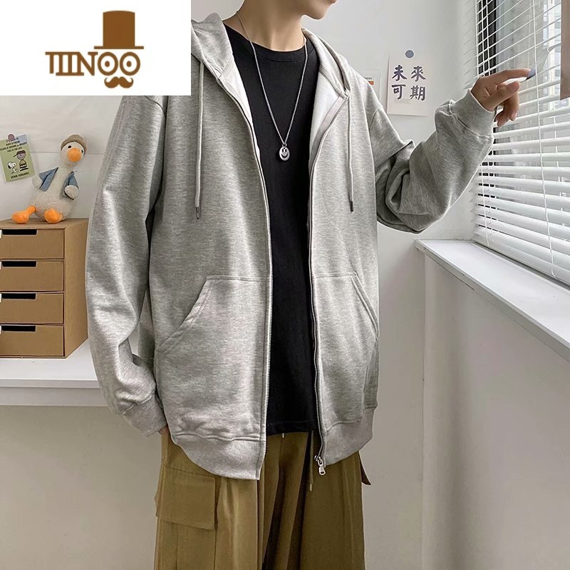 YANXU痞帅开衫卫衣男款ins高街vintage拉链外套连帽宽松百搭上衣 S 灰色高质量