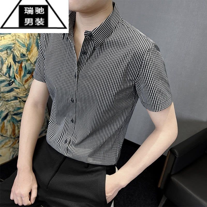 希杰狮王高端格子衬衫男短袖2023夏季修身商务免烫衬衣男士冰丝半袖寸衣潮图片