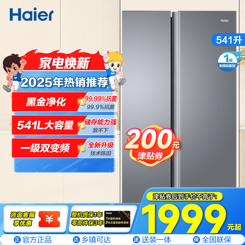 海尔(Haier)541升对开门双开门 一级变频节能 风冷无霜大容量嵌入式家用冰箱 新品BCD-541WGHSSEDG7
