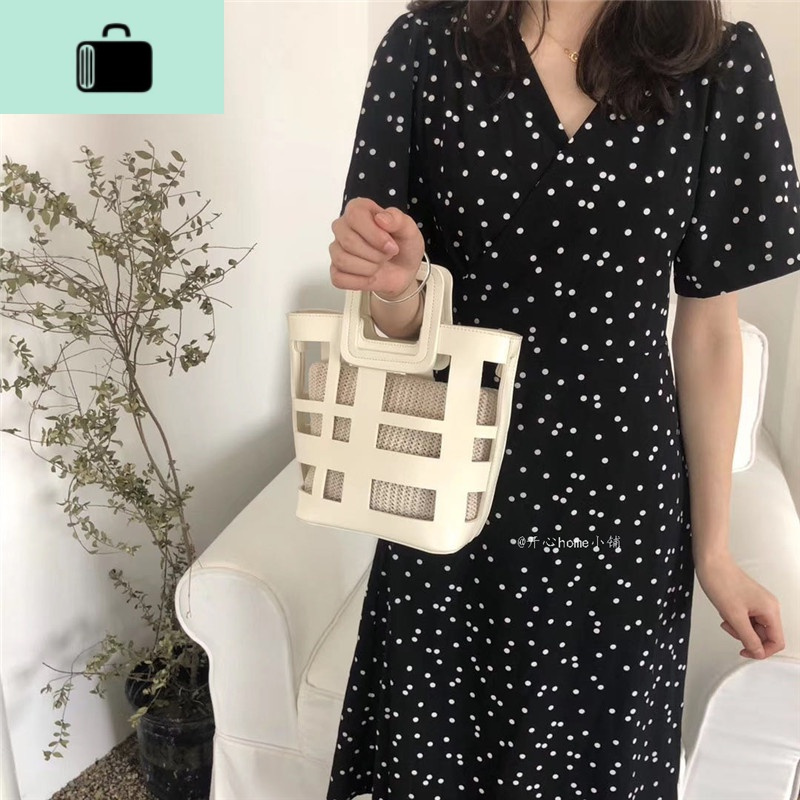 韩风chic气质时尚镂空手提包水桶包单肩斜挎包度假沙滩母包女NEW LAKE女斜挎包