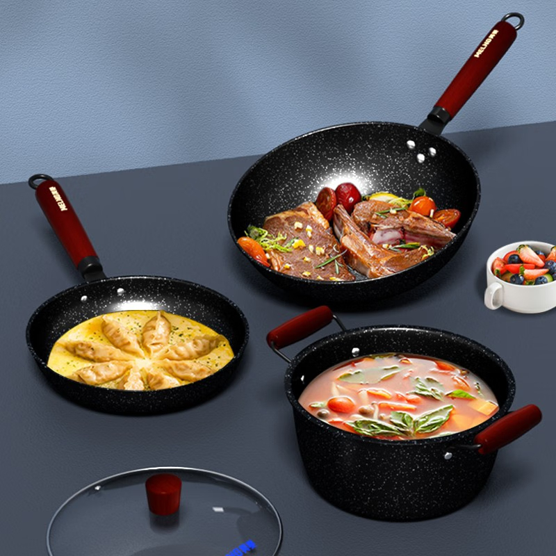 美菱(MELNG) 麦饭石色不粘锅套装 煎锅+炒锅+炖锅套装 家用锅具套装 MGJ-LC3211高清大图