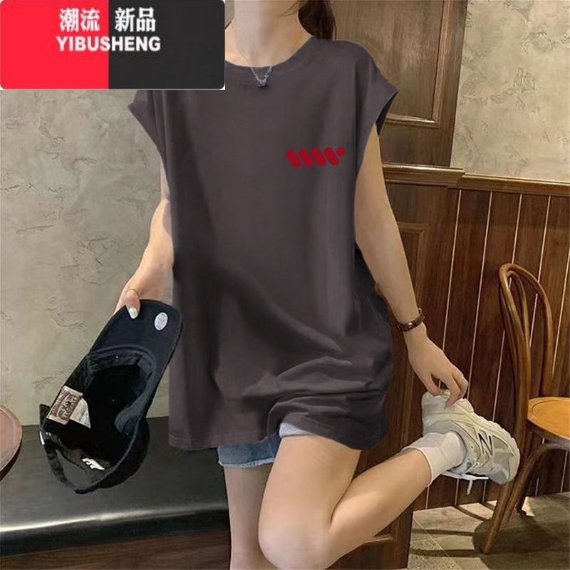YIBUSHENG设计感白色小飞袖上衣潮中长款宽松休闲无袖t恤女生2024季新款高清大图