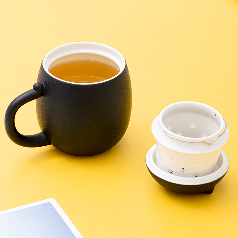 苏宁宜品认证 陶瓷马克杯带盖过滤水杯茶水分离个人泡茶杯福猫杯子