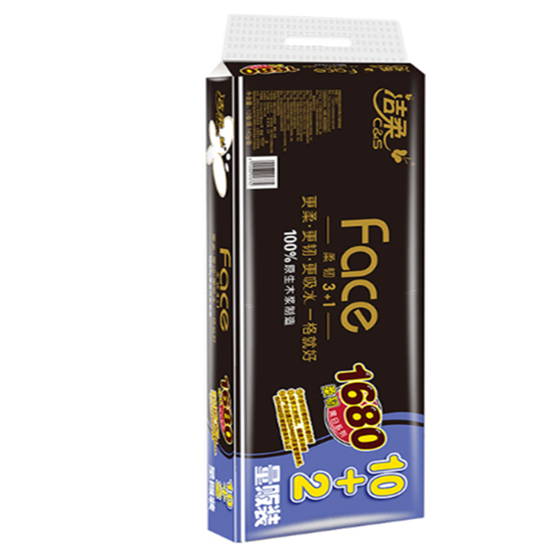 洁柔无芯卷纸黑Face加厚4层140g*12卷.6914068018645
