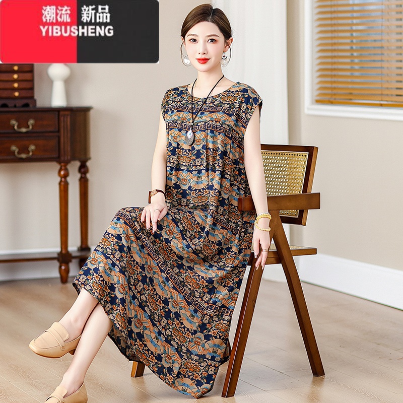 YIBUSHENG2024年新款季中老年妈妈装棉绸连衣裙女长款加肥加大码宽松裙子高清大图