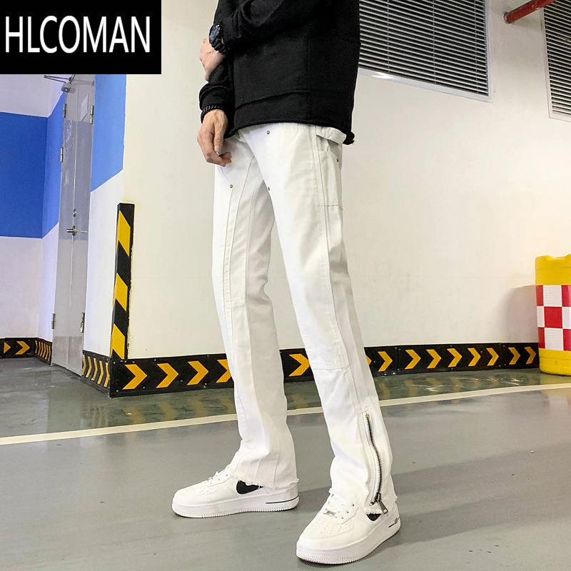 HLCOMAN牛仔裤男士美式直筒宽松长裤休闲男生白色潮流裤子微喇男裤