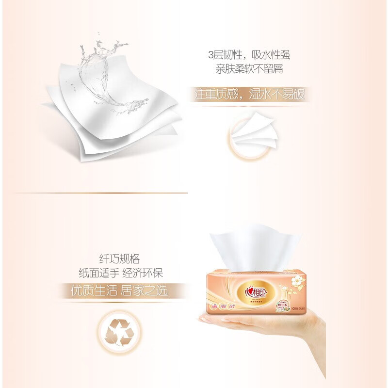 心相印 抽纸经典纸巾3层100抽面巾纸餐巾擦手纸 100抽*8包 8DT55100(规格:8包/提)高清大图