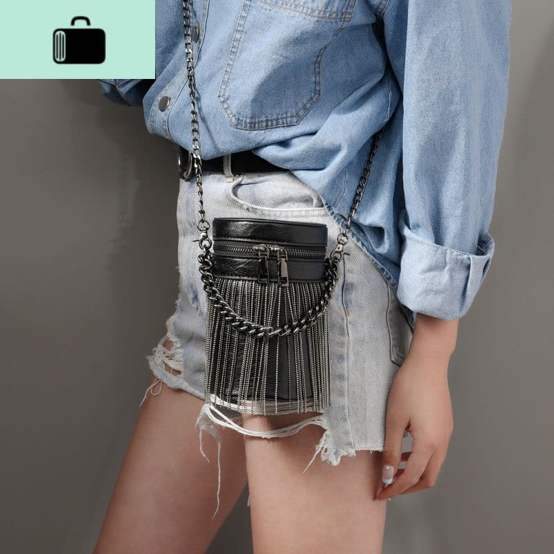 迷你流苏圆筒女包2020新款小众百搭单肩包斜挎包时尚手提水桶包潮NEW LAKE 黑色女士单肩包图片