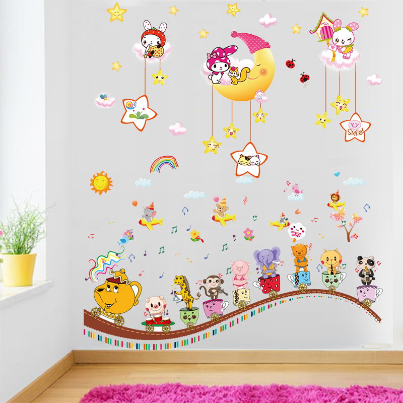 幼儿园儿童卡通墙贴宝宝卧室儿童房墙上贴纸小动物贴画月亮兔子音乐