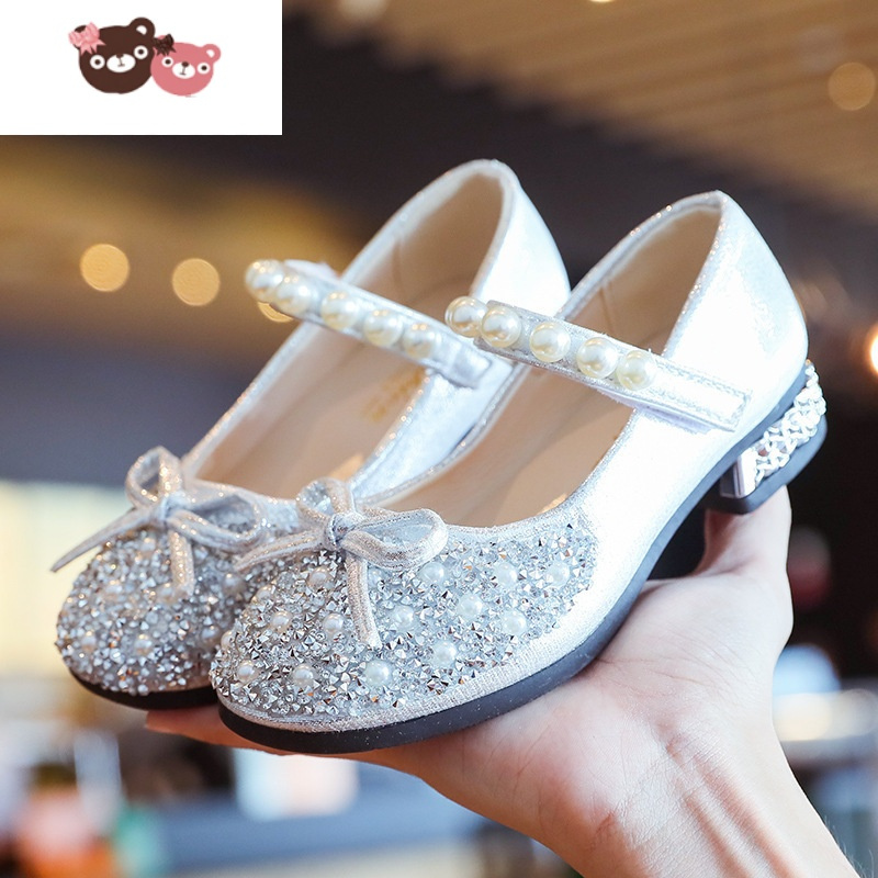 绿彩虹光女童公主鞋2022新款春秋宝宝皮鞋单鞋小女孩高跟鞋水晶鞋儿童