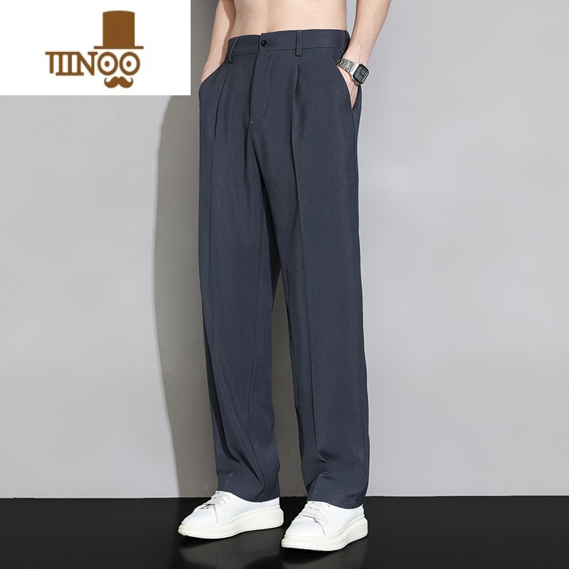 YANXU冰丝休闲长裤男士夏季薄款宽松直筒西裤感垂坠感阔腿裤子男款高清大图