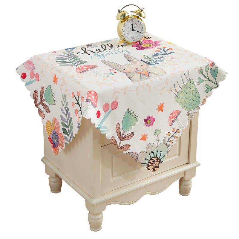 床头柜盖布北欧简约布艺微波炉防尘罩床头防尘桌布盖巾冰箱防尘布|床头柜盖布-花环小兔 55*55cm图片