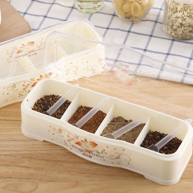 蓝色4格-送小勺1个 素色带盖4格调味盒调味罐厨房分隔带勺子味精盐罐调料调味料盒图片