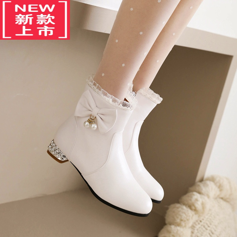 可莉允女童靴子短靴2022秋冬加绒小女孩白色高跟鞋子公主皮靴儿童马丁靴