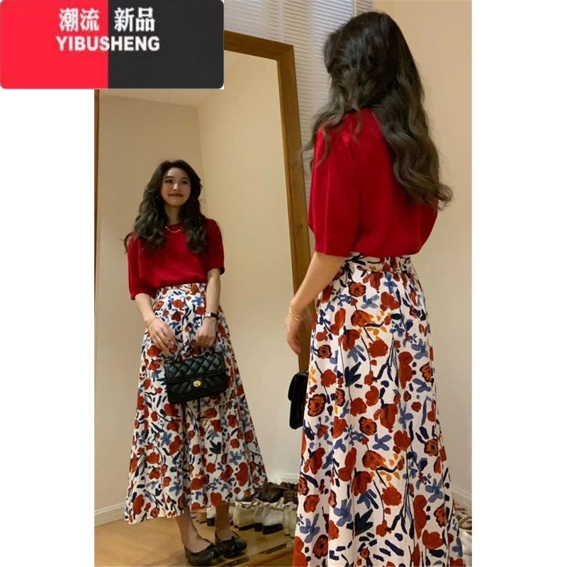 YIBUSHENG季女装微胖显瘦茶系穿搭配一整套梨型身材上衣连衣裙子两件套装图片