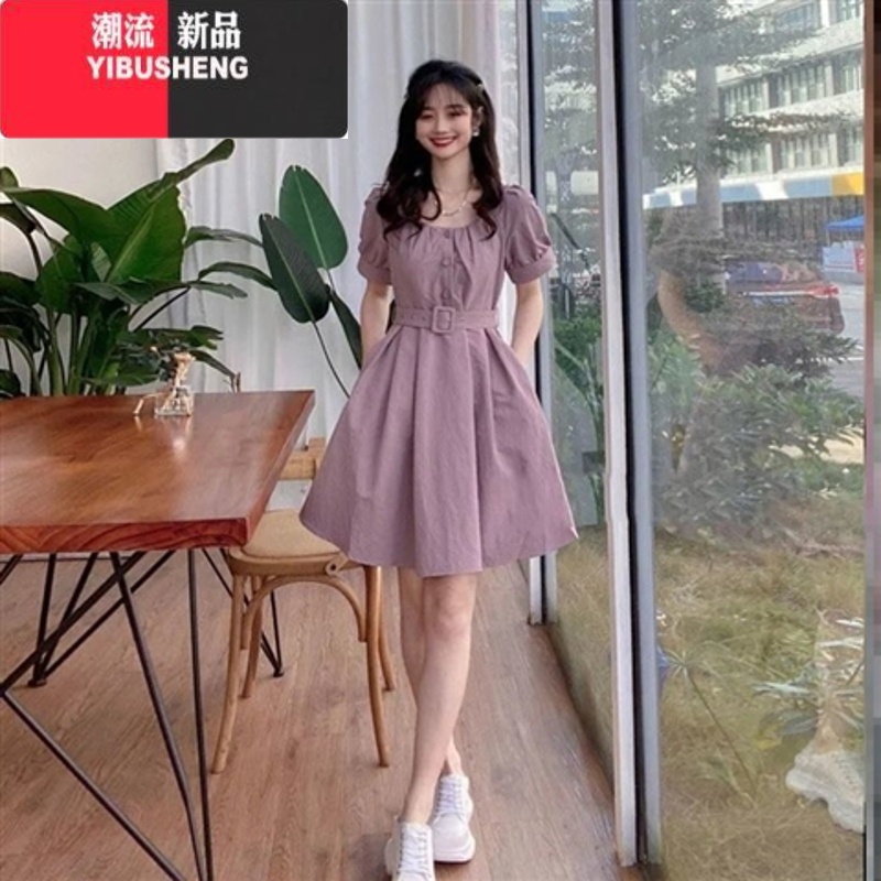 YIBUSHENG方领季连衣裙2024年新款款甜美法式收腰显瘦小个子短袖裙子 紫色优质版 S85-95斤