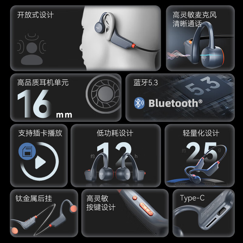 爱国者(aigo)G08非入耳式运动蓝牙耳机 不入耳跑步无线 适用苹果华为安卓 魔法灰
