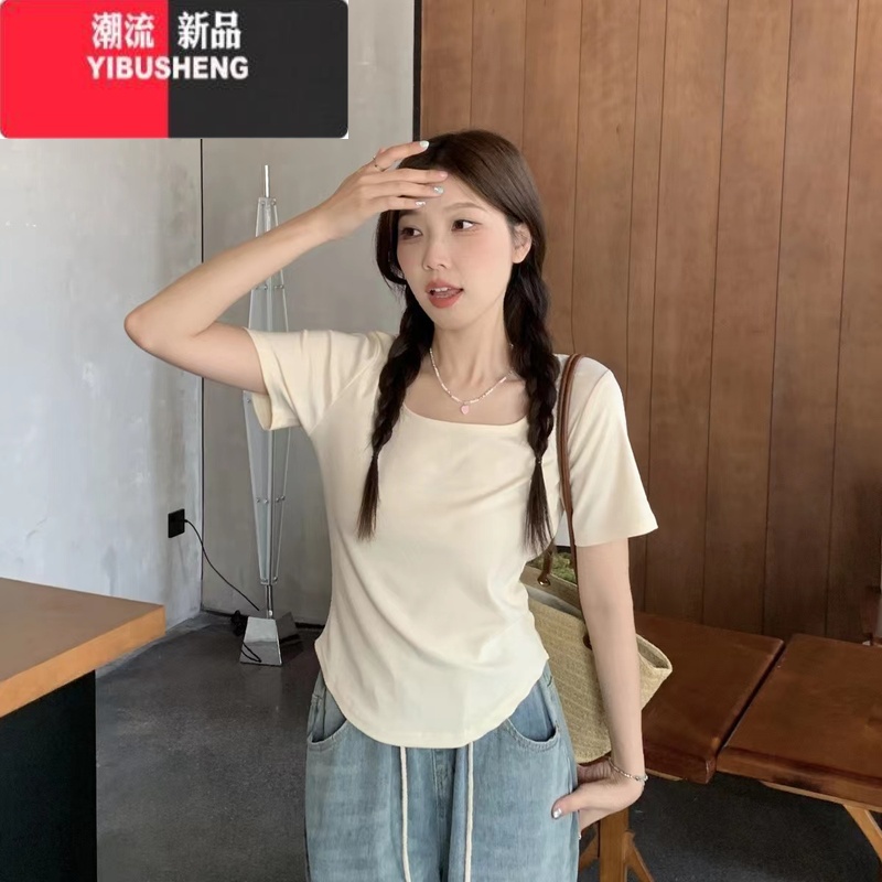 YIBUSHENG大码微胖方领正肩短袖t恤2024新款季胖mm显瘦遮肚不规则上衣女高清大图