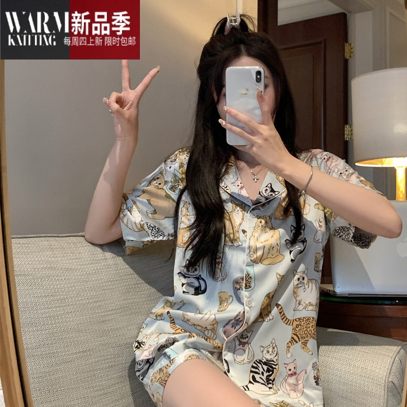 SHANCHAO赵露思同款夏季新品睡衣女卡通甜美可爱风短袖短裤薄款家居服套装