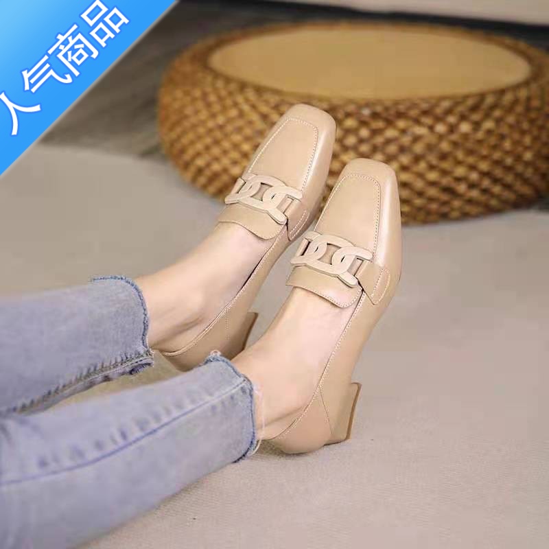 SUNTEK2023夏季新款休闲乐福鞋女一脚蹬英伦风金属扣方头小皮鞋中跟单鞋高清大图