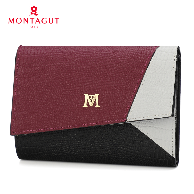 梦特娇钱包女 短款撞色钱包 女士小钱包 真皮鳄鱼纹 多功能 女钱包