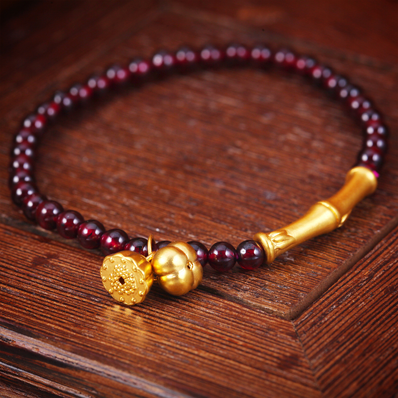 新金珠宝黄金竹节石榴石手串足金莲蓬柿子挂坠手链事事顺节节高1042