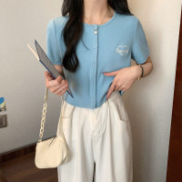 唐狮短袖T恤夏款针织上衣女圆领短款显高小个子气质百搭
