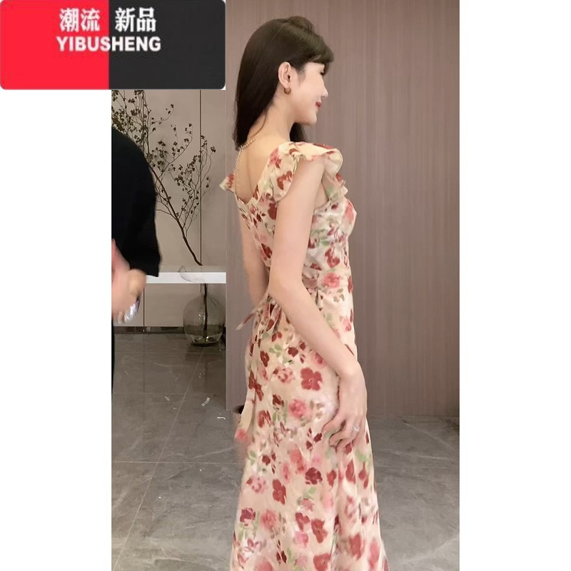 YIBUSHENG浪漫小飞袖碎花连衣裙女季法式复古气质设计感高腰初恋精致裙子