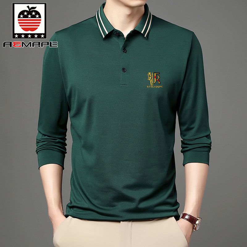 爱曼普新款含棉男士polo衫时尚条纹领纯色百搭休闲长袖薄款T恤男
