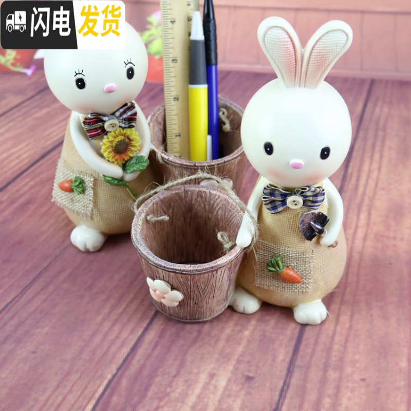 三维工匠小兔子笔筒少女心ins可爱超萌卡通粉日系桌边多功能沙漏学生笔桶 蓝色旋转沙漏笔筒高清大图
