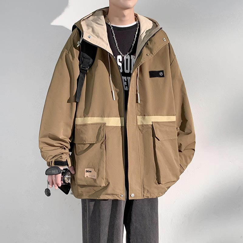 休闲夹克男春秋款痞帅百搭上衣纯色宽松秋装日系男生百搭工装外套