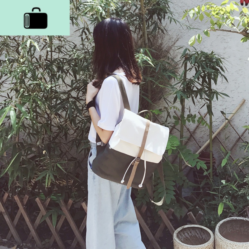 日系女文艺校园学院风帆布双肩包原宿抽绳背包中高大学生韩版书包NEW LAKE 军绿