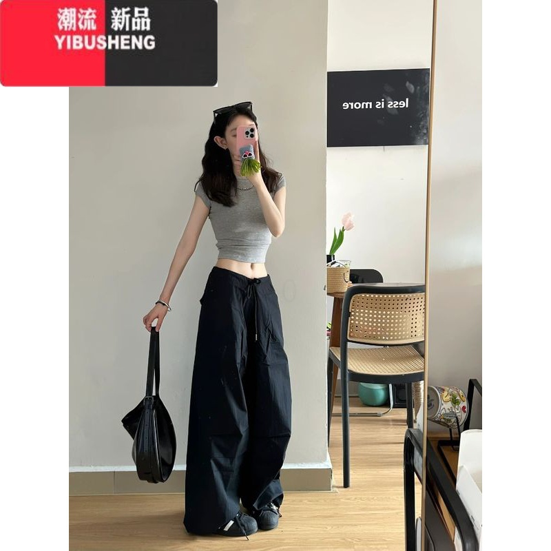 YIBUSHENG美式复古经典黑色工装裤子女季2024新款直筒裤宽松休闲阔腿长裤高清大图