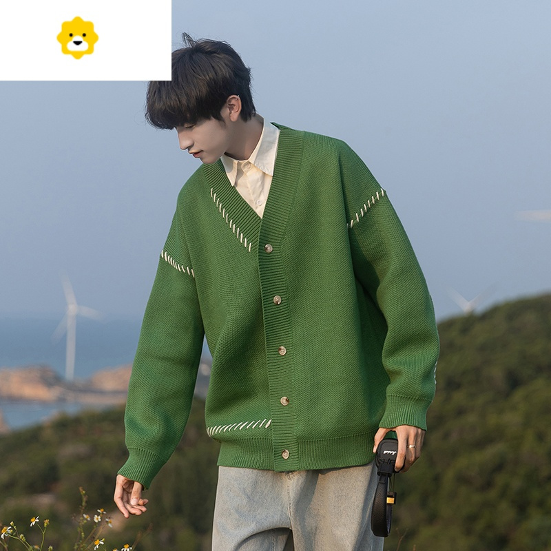 fishbasket牛油果绿开衫毛衣男慵懒高级感v领针织衫外